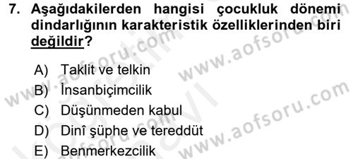 Din Psikolojisi Dersi 2017 - 2018 Yılı 3 Ders Sınav Soruları 7. Soru