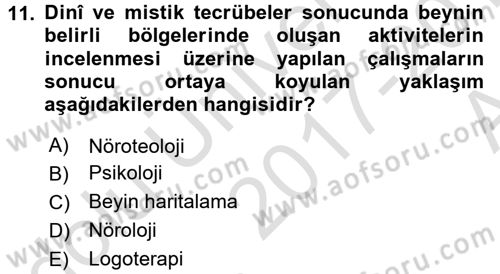 Din Psikolojisi Dersi Ara Sınavı Deneme Sınav Soruları 11. Soru