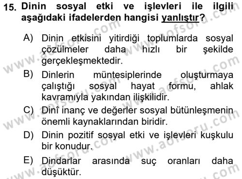 Din Psikolojisi Dersi 2017 - 2018 Yılı (Vize) Ara Sınav Soruları 15. Soru