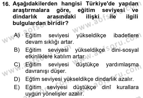 Din Psikolojisi Dersi Ara Sınavı Deneme Sınav Soruları 16. Soru