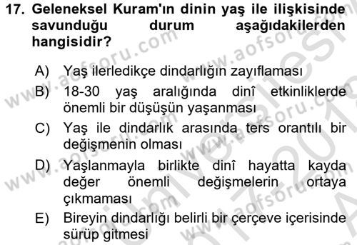 Din Psikolojisi Dersi 2017 - 2018 Yılı (Vize) Ara Sınav Soruları 17. Soru