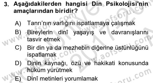 Din Psikolojisi Dersi Ara Sınavı Deneme Sınav Soruları 3. Soru