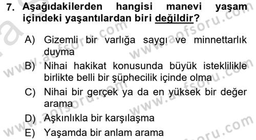 Din Psikolojisi Dersi Ara Sınavı Deneme Sınav Soruları 7. Soru