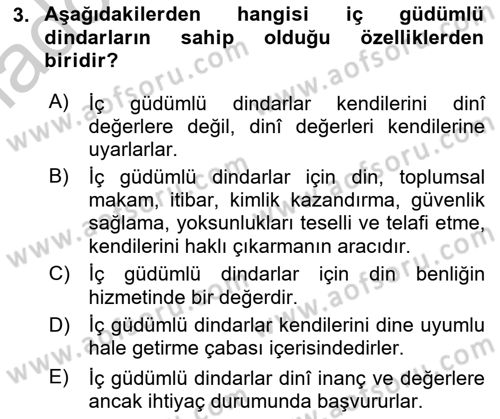 Din Psikolojisi Dersi 2017 - 2018 Yılı Yaz Okulu Sınav Soruları 3. Soru