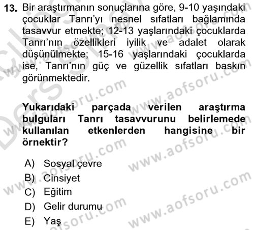 Din Psikolojisi Dersi 2018 - 2019 Yılı 3 Ders Sınav Soruları 13. Soru