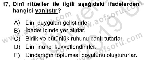 Din Psikolojisi Dersi 2018 - 2019 Yılı 3 Ders Sınav Soruları 17. Soru