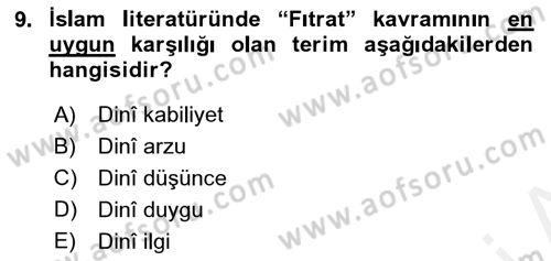 Din Psikolojisi Dersi Ara Sınavı Deneme Sınav Soruları 9. Soru