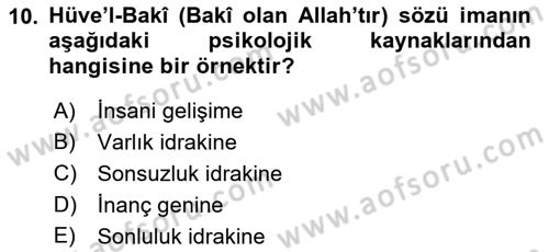 Din Psikolojisi Dersi 2018 - 2019 Yılı (Final) Dönem Sonu Sınav Soruları 10. Soru