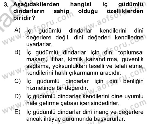 Din Psikolojisi Dersi 2018 - 2019 Yılı Yaz Okulu Sınav Soruları 3. Soru