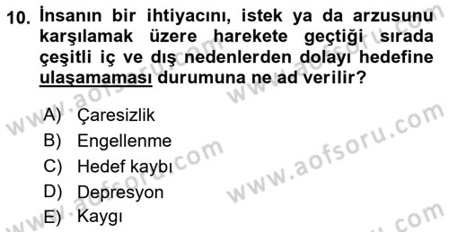 Din Psikolojisi Dersi 2019 - 2020 Yılı (Vize) Ara Sınav Soruları 10. Soru