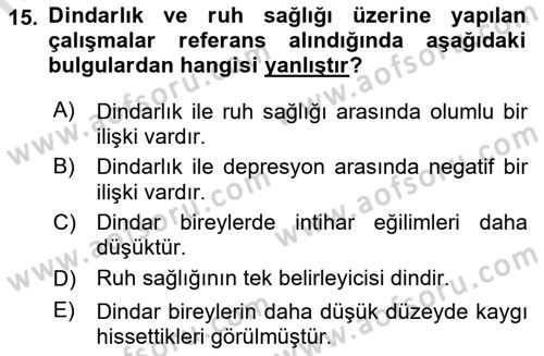 Din Psikolojisi Dersi Ara Sınavı Deneme Sınav Soruları 15. Soru