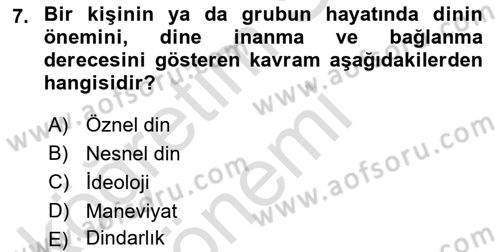 Din Psikolojisi Dersi Ara Sınavı Deneme Sınav Soruları 7. Soru