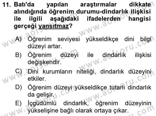 Din Psikolojisi Dersi 2020 - 2021 Yılı Yaz Okulu Sınav Soruları 11. Soru
