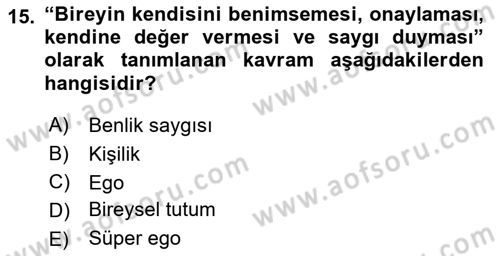 Din Psikolojisi Dersi Ara Sınavı Deneme Sınav Soruları 15. Soru