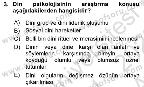 Din Psikolojisi Dersi Ara Sınavı Deneme Sınav Soruları 3. Soru