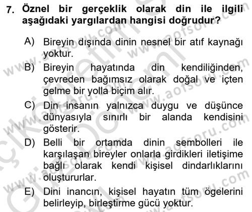 Din Psikolojisi Dersi Ara Sınavı Deneme Sınav Soruları 7. Soru