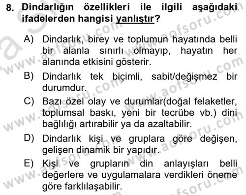 Din Psikolojisi Dersi Ara Sınavı Deneme Sınav Soruları 8. Soru