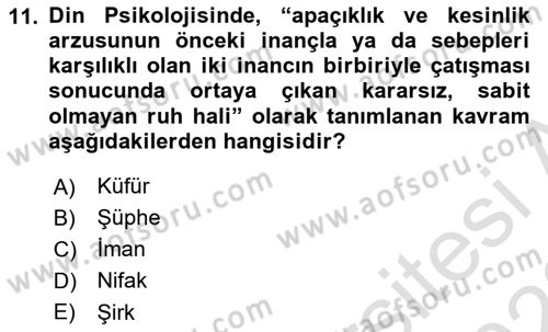 Din Psikolojisi Dersi 2021 - 2022 Yılı (Final) Dönem Sonu Sınav Soruları 11. Soru