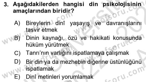 Din Psikolojisi Dersi Ara Sınavı Deneme Sınav Soruları 3. Soru
