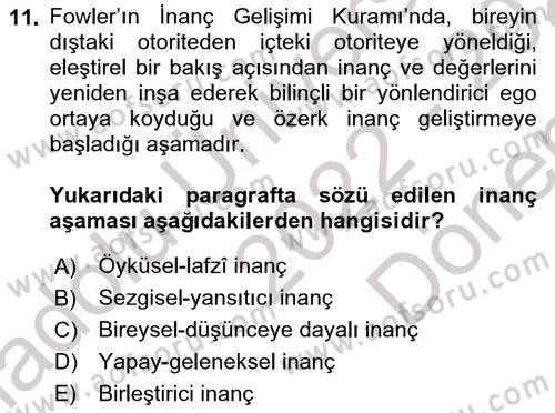 Din Psikolojisi Dersi 2022 - 2023 Yılı (Final) Dönem Sonu Sınav Soruları 11. Soru