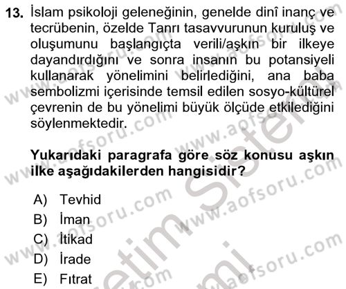 Din Psikolojisi Dersi 2022 - 2023 Yılı (Final) Dönem Sonu Sınav Soruları 13. Soru