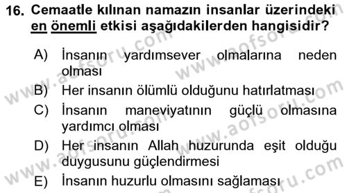 Din Psikolojisi Dersi 2022 - 2023 Yılı (Final) Dönem Sonu Sınav Soruları 16. Soru