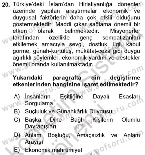Din Psikolojisi Dersi 2022 - 2023 Yılı (Final) Dönem Sonu Sınav Soruları 20. Soru