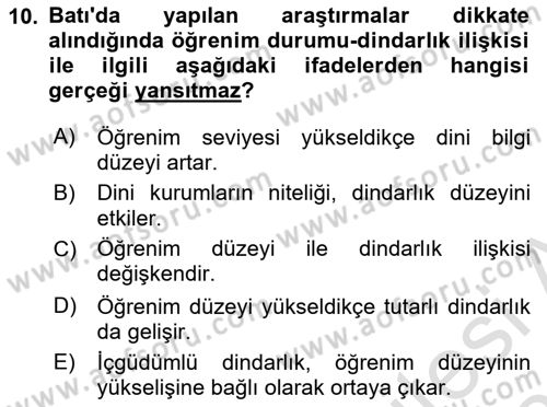 Din Psikolojisi Dersi 2022 - 2023 Yılı Yaz Okulu Sınav Soruları 10. Soru