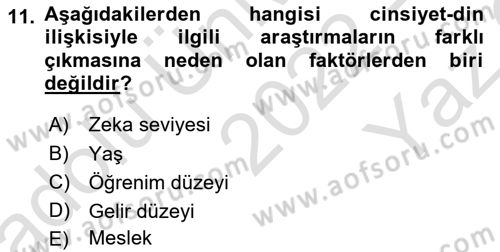 Din Psikolojisi Dersi 2022 - 2023 Yılı Yaz Okulu Sınav Soruları 11. Soru