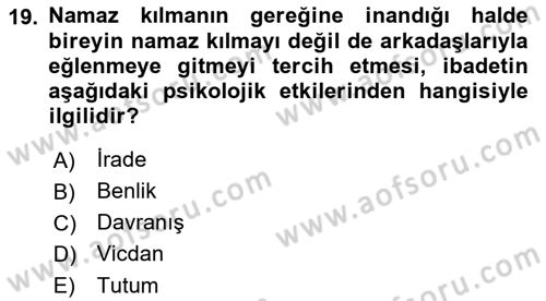 Din Psikolojisi Dersi 2022 - 2023 Yılı Yaz Okulu Sınav Soruları 19. Soru
