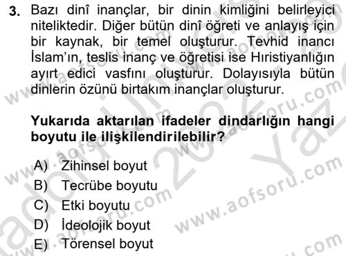 Din Psikolojisi Dersi 2022 - 2023 Yılı Yaz Okulu Sınav Soruları 3. Soru