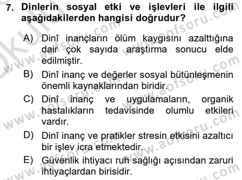 Din Psikolojisi Dersi 2022 - 2023 Yılı Yaz Okulu Sınav Soruları 7. Soru
