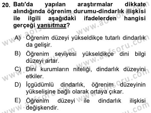 Din Psikolojisi Dersi Ara Sınavı Deneme Sınav Soruları 20. Soru