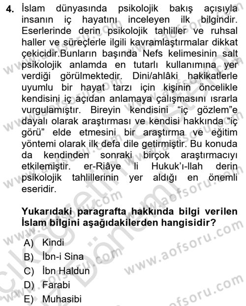 Din Psikolojisi Dersi Ara Sınavı Deneme Sınav Soruları 4. Soru