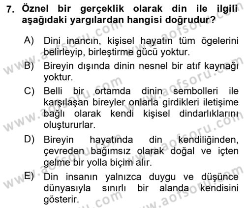 Din Psikolojisi Dersi Ara Sınavı Deneme Sınav Soruları 7. Soru