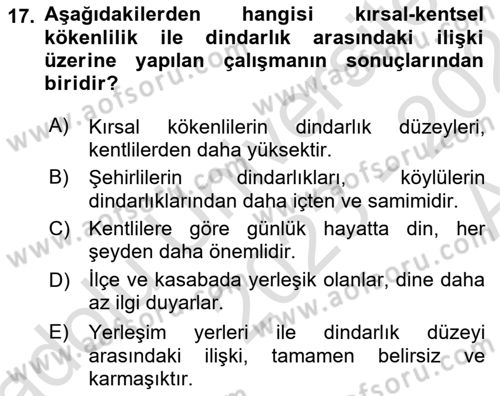 Din Psikolojisi Dersi 2023 - 2024 Yılı (Final) Dönem Sonu Sınav Soruları 17. Soru