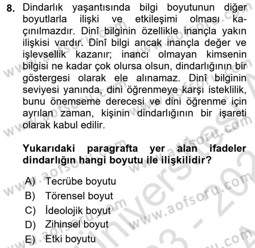 Din Psikolojisi Dersi 2023 - 2024 Yılı (Final) Dönem Sonu Sınav Soruları 8. Soru