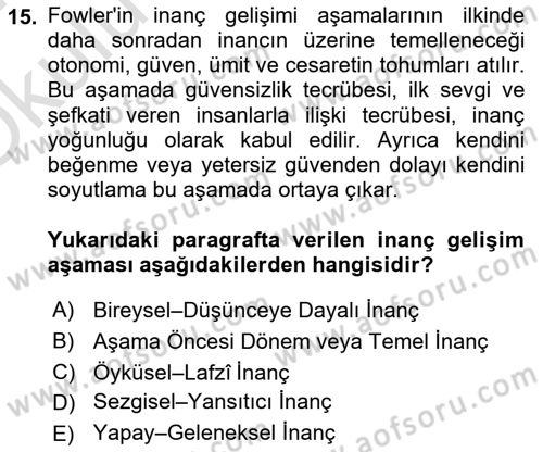 Din Psikolojisi Dersi 2023 - 2024 Yılı Yaz Okulu Sınav Soruları 15. Soru