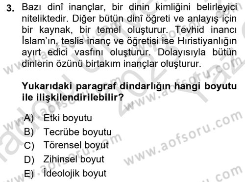 Din Psikolojisi Dersi 2023 - 2024 Yılı Yaz Okulu Sınav Soruları 3. Soru