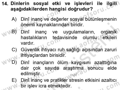 Din Psikolojisi Dersi 2024 - 2025 Yılı (Vize) Ara Sınav Soruları 14. Soru