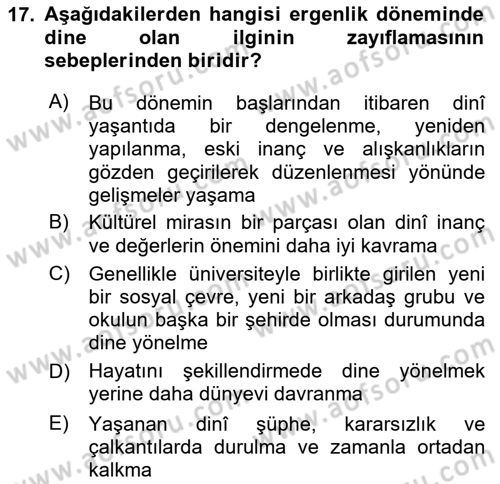 Din Psikolojisi Dersi Ara Sınavı Deneme Sınav Soruları 17. Soru