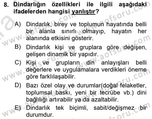 Din Psikolojisi Dersi Ara Sınavı Deneme Sınav Soruları 8. Soru