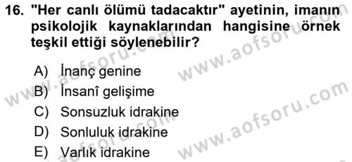 Din Psikolojisi Dersi 2024 - 2025 Yılı Yaz Okulu Sınav Soruları 16. Soru