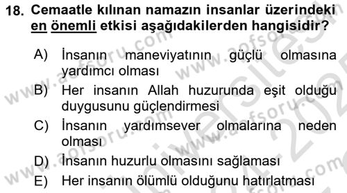 Din Psikolojisi Dersi 2024 - 2025 Yılı Yaz Okulu Sınav Soruları 18. Soru