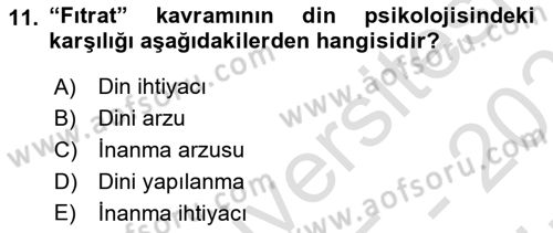 Din Psikolojisi Dersi 2025 - 2026 Yılı (Vize) Ara Sınav Soruları 11. Soru