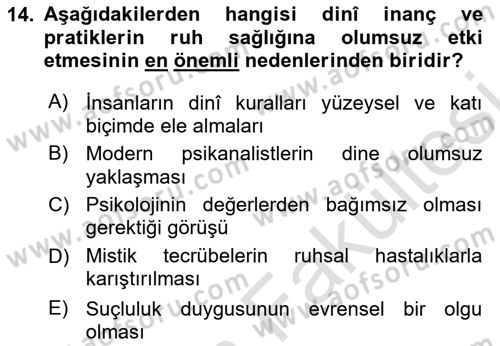 Din Psikolojisi Dersi 2025 - 2026 Yılı (Vize) Ara Sınav Soruları 14. Soru