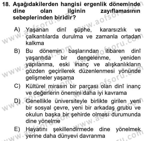 Din Psikolojisi Dersi 2025 - 2026 Yılı (Vize) Ara Sınav Soruları 18. Soru