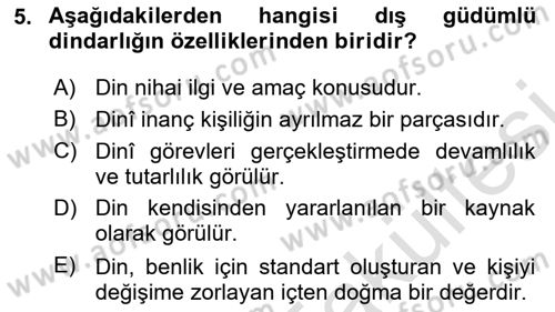 Din Psikolojisi Dersi 2025 - 2026 Yılı (Vize) Ara Sınav Soruları 5. Soru