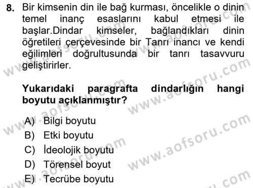 Din Psikolojisi Dersi 2025 - 2026 Yılı (Vize) Ara Sınav Soruları 8. Soru