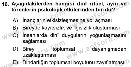 Din Psikolojisi Dersi 2025 - 2026 Yılı (Final) Dönem Sonu Sınav Soruları 16. Soru